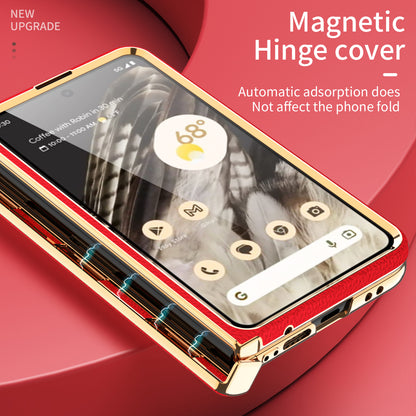 For Google Pixel Fold Litchi Texture Kickstand Phone Cover PU Leather+PC Magnetic Hinge Protection Case with Tempered Glass Screen Film