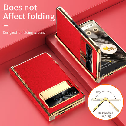 For Google Pixel Fold Litchi Texture Kickstand Phone Cover PU Leather+PC Magnetic Hinge Protection Case with Tempered Glass Screen Film