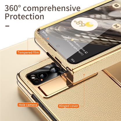 For Google Pixel Fold Litchi Texture Kickstand Phone Cover PU Leather+PC Magnetic Hinge Protection Case with Tempered Glass Screen Film