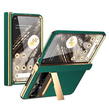 For Google Pixel Fold Litchi Texture Kickstand Phone Cover PU Leather+PC Magnetic Hinge Protection Case with Tempered Glass Screen Film