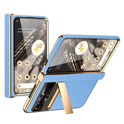 For Google Pixel Fold Litchi Texture Kickstand Phone Cover PU Leather+PC Magnetic Hinge Protection Case with Tempered Glass Screen Film