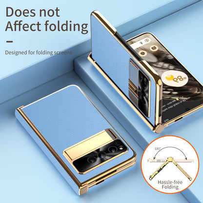 For Google Pixel Fold Litchi Texture Kickstand Phone Cover PU Leather+PC Magnetic Hinge Protection Case with Tempered Glass Screen Film