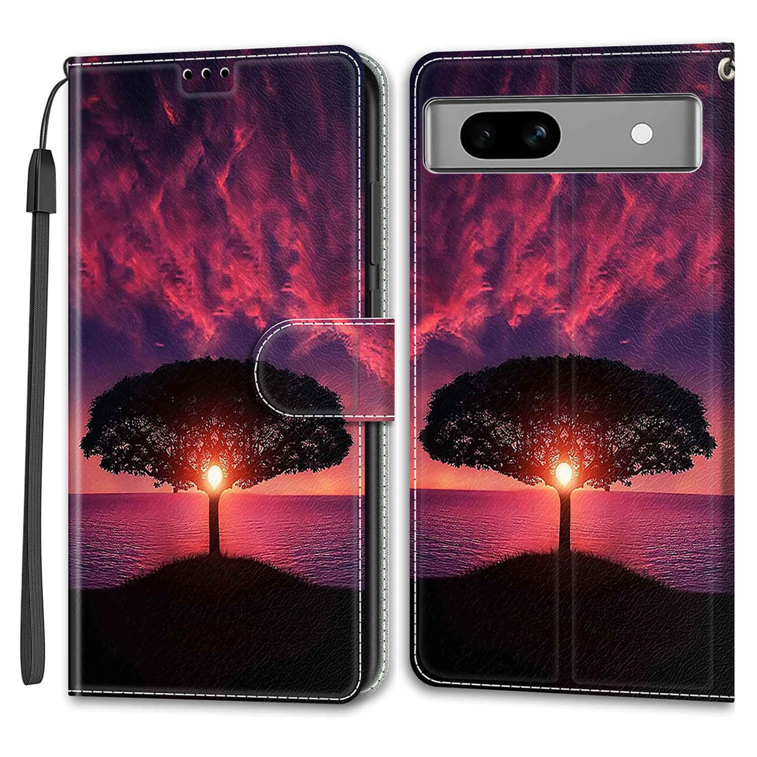 For Google Pixel 7a PU Leather Pattern Printing Case Card Slots Stand Phone Cover with Strap