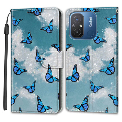 Pattern Printed Leather Cover for Xiaomi Redmi 12C 4G Anti-Drop Phone Case with Stand, Strap