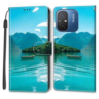 Pattern Printed Leather Cover for Xiaomi Redmi 12C 4G Anti-Drop Phone Case with Stand, Strap