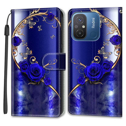 Pattern Printed Leather Cover for Xiaomi Redmi 12C 4G Anti-Drop Phone Case with Stand, Strap