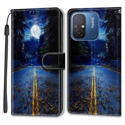 Pattern Printed Leather Cover for Xiaomi Redmi 12C 4G Anti-Drop Phone Case with Stand, Strap
