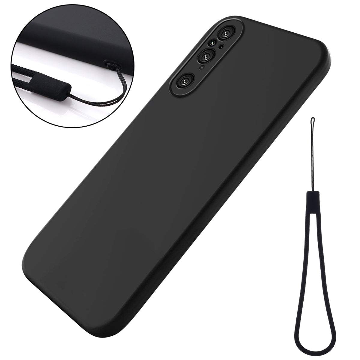 For Sony Xperia 1 V Soft Lining Liquid Silicone Phone Case Shockproof Cover with Strap