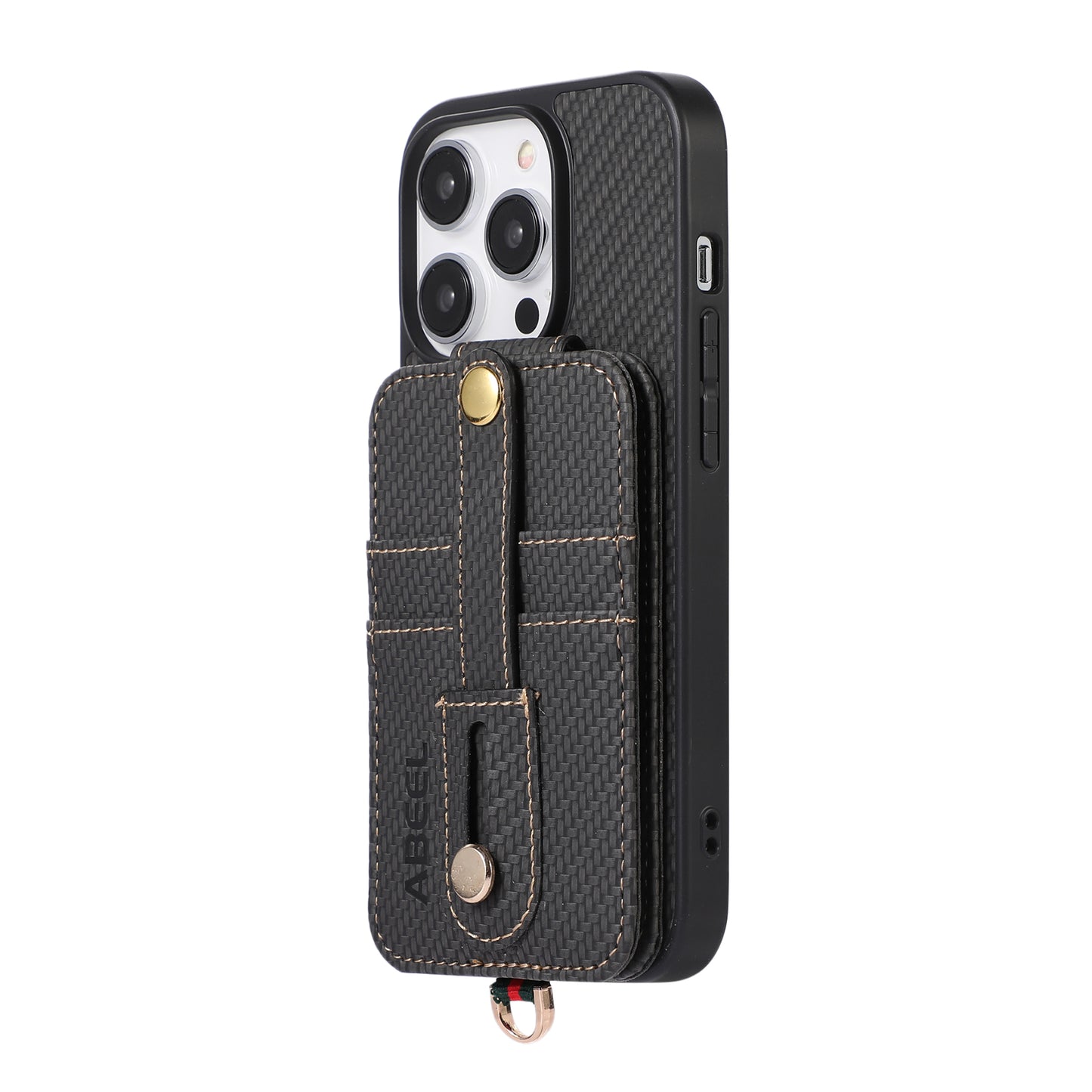ABEEL Style 02 For iPhone 13 Pro Max RFID Blocking Card Holder Carbon Fiber Texture Cover PU Leather+TPU Phone Case with Kickstand