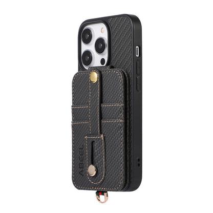 ABEEL Style 02 For iPhone 13 Pro Max RFID Blocking Card Holder Carbon Fiber Texture Cover PU Leather+TPU Phone Case with Kickstand