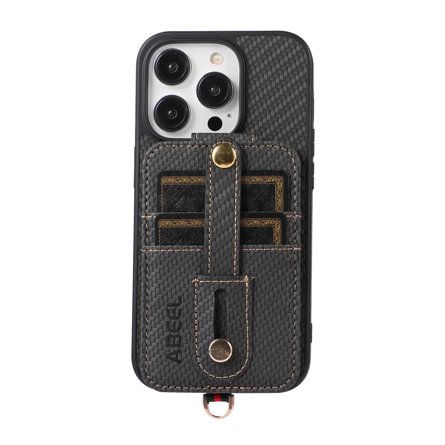 ABEEL Style 02 For iPhone 13 Pro Max RFID Blocking Card Holder Carbon Fiber Texture Cover PU Leather+TPU Phone Case with Kickstand