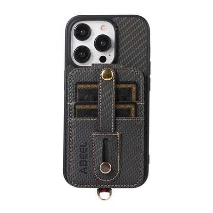 ABEEL Style 02 For iPhone 13 Pro Max RFID Blocking Card Holder Carbon Fiber Texture Cover PU Leather+TPU Phone Case with Kickstand