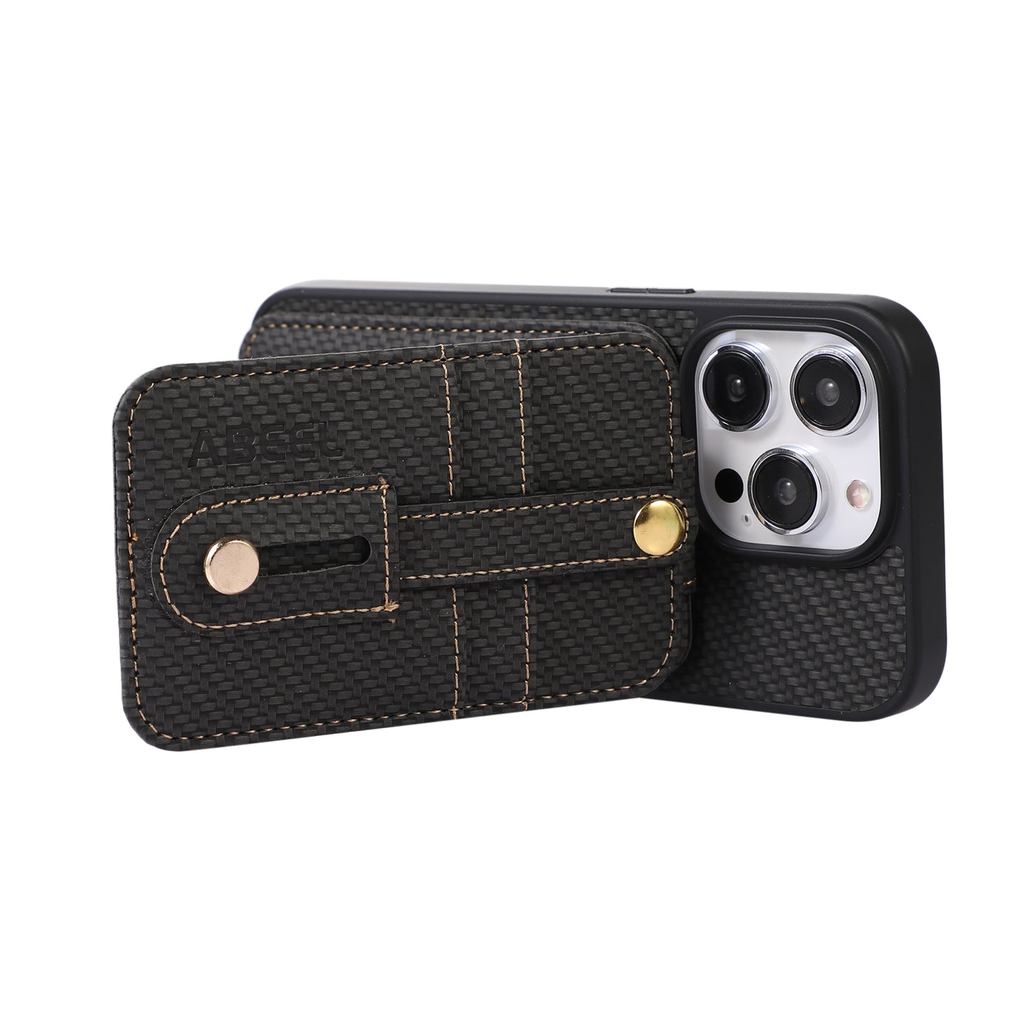 ABEEL Style 02 For iPhone 13 Pro Max RFID Blocking Card Holder Carbon Fiber Texture Cover PU Leather+TPU Phone Case with Kickstand