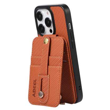 ABEEL Style 02 For iPhone 13 Pro Max RFID Blocking Card Holder Carbon Fiber Texture Cover PU Leather+TPU Phone Case with Kickstand