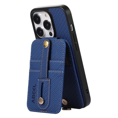 ABEEL Style 02 For iPhone 13 Pro Max RFID Blocking Card Holder Carbon Fiber Texture Cover PU Leather+TPU Phone Case with Kickstand