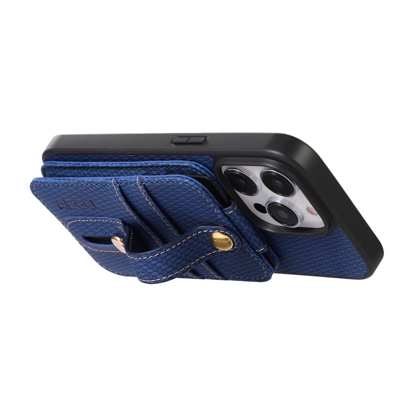 ABEEL Style 02 For iPhone 13 Pro Max RFID Blocking Card Holder Carbon Fiber Texture Cover PU Leather+TPU Phone Case with Kickstand