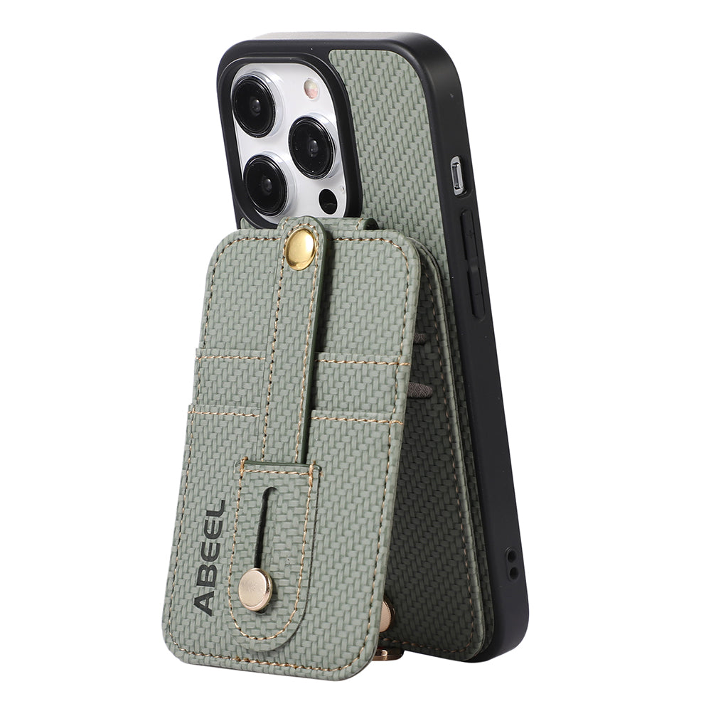 ABEEL Style 02 For iPhone 13 Pro Max RFID Blocking Card Holder Carbon Fiber Texture Cover PU Leather+TPU Phone Case with Kickstand
