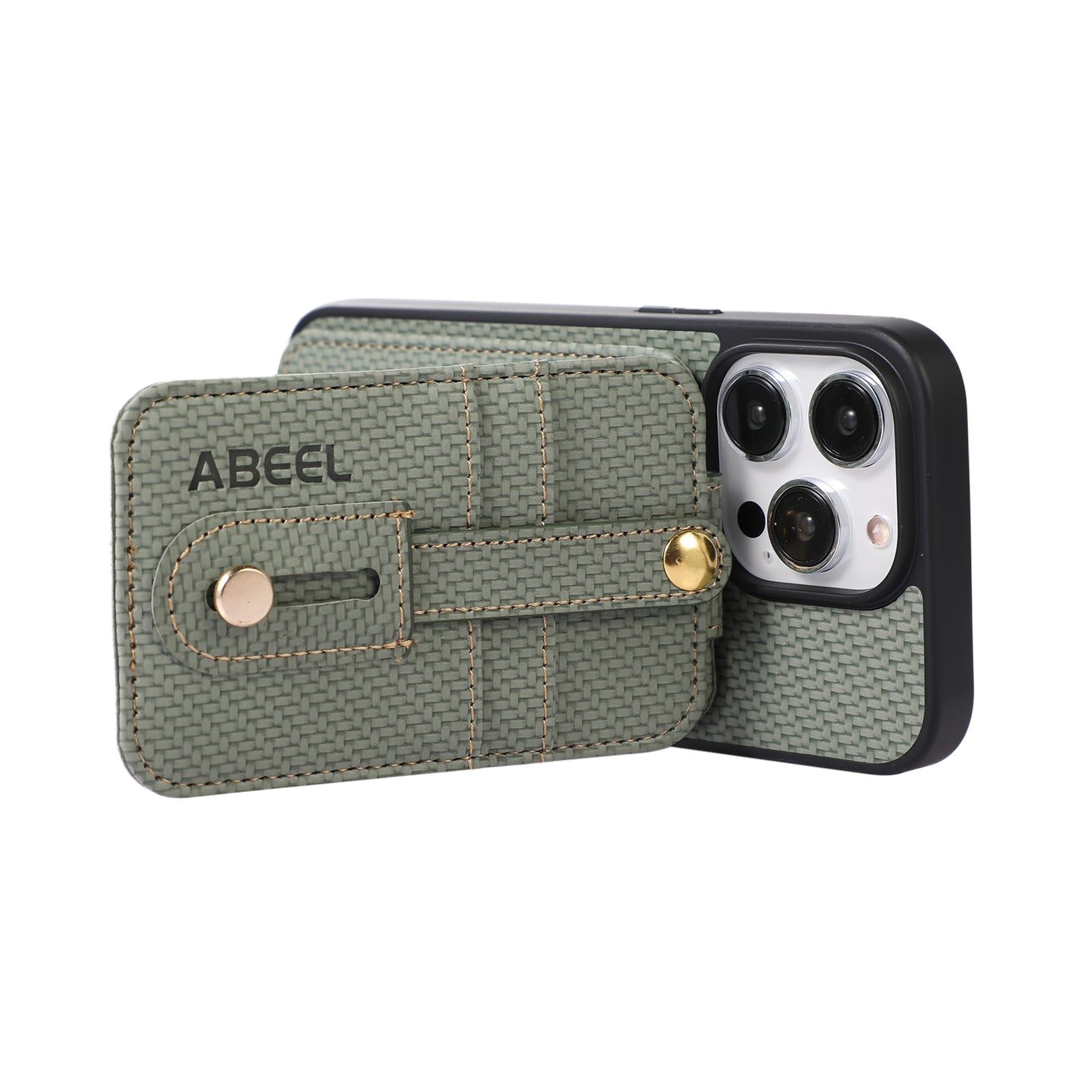 ABEEL Style 02 For iPhone 13 Pro Max RFID Blocking Card Holder Carbon Fiber Texture Cover PU Leather+TPU Phone Case with Kickstand