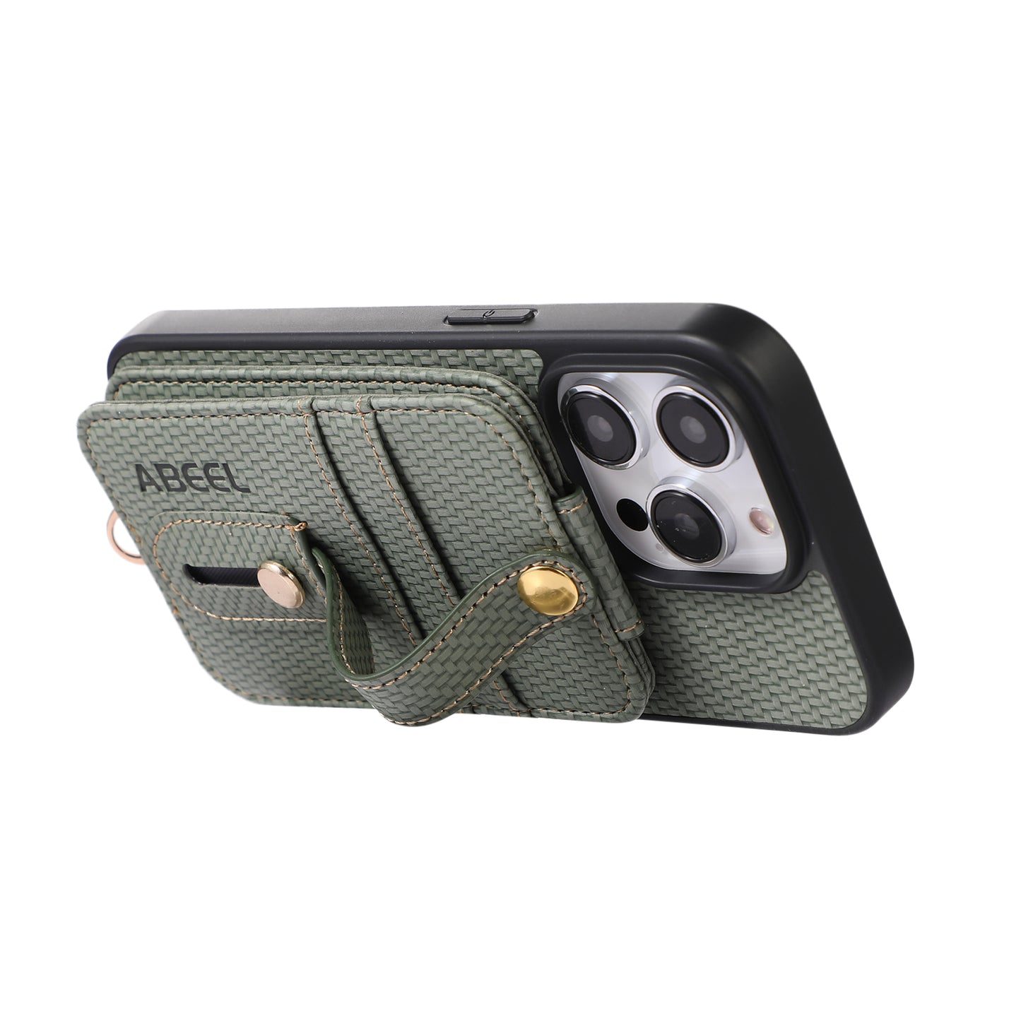 ABEEL Style 02 For iPhone 13 Pro Max RFID Blocking Card Holder Carbon Fiber Texture Cover PU Leather+TPU Phone Case with Kickstand