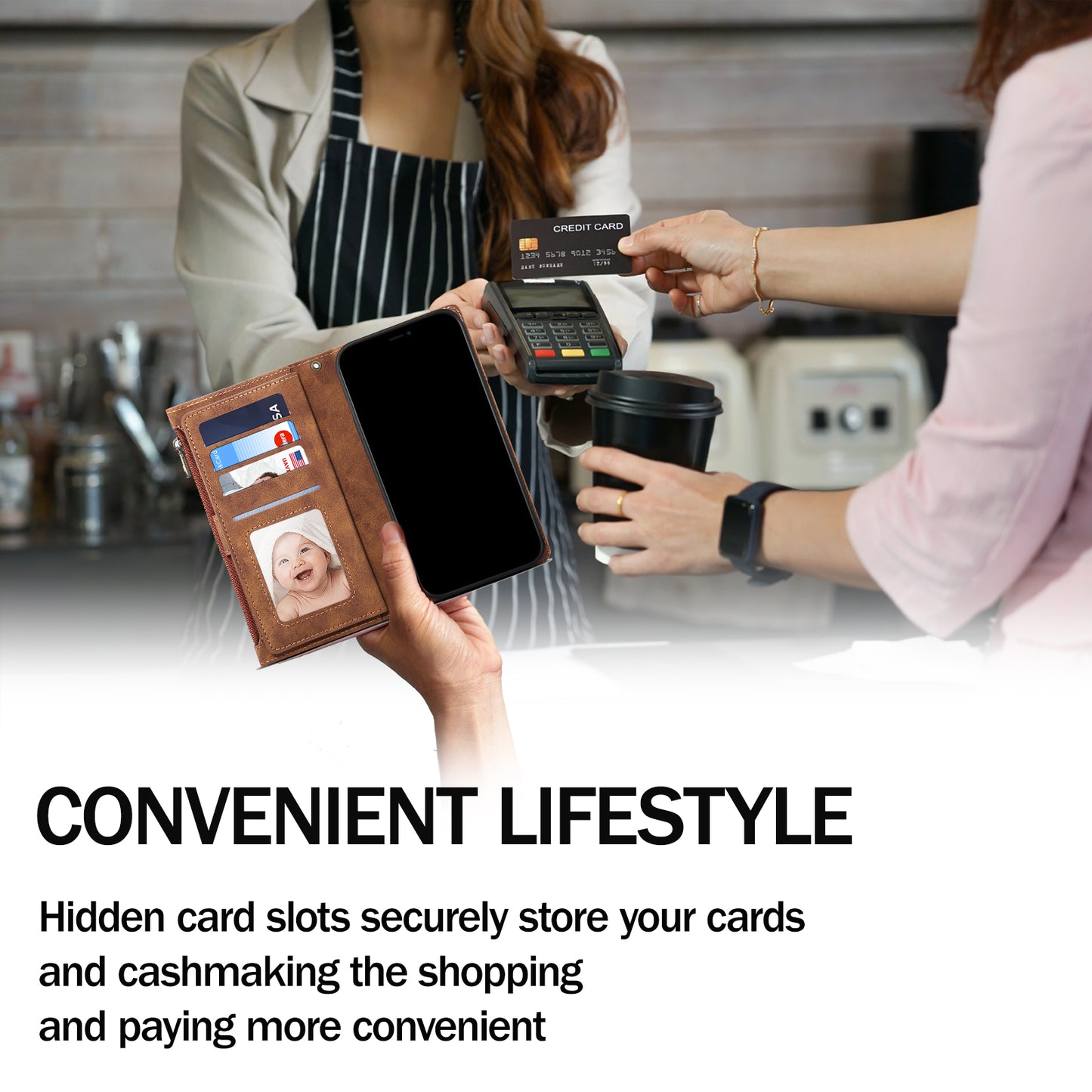 ESEBLE Star Series Leather Phone Case for Google Pixel 8 , Zipper Pocket Wallet RFID Blocking Phone Stand Cover