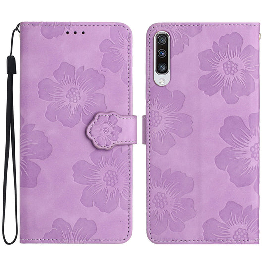 For Samsung Galaxy A50 / A50s / A30s Flowers Imprinted Leather Phone Cover Wallet Stand Case with Strap