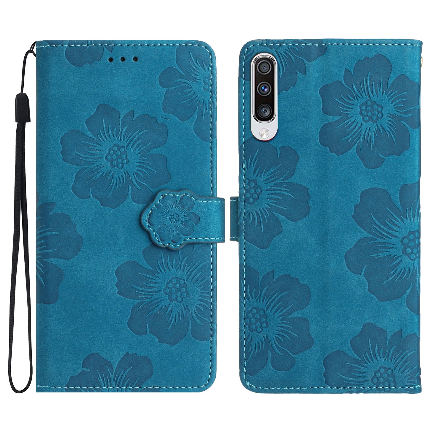 For Samsung Galaxy A50 / A50s / A30s Flowers Imprinted Leather Phone Cover Wallet Stand Case with Strap