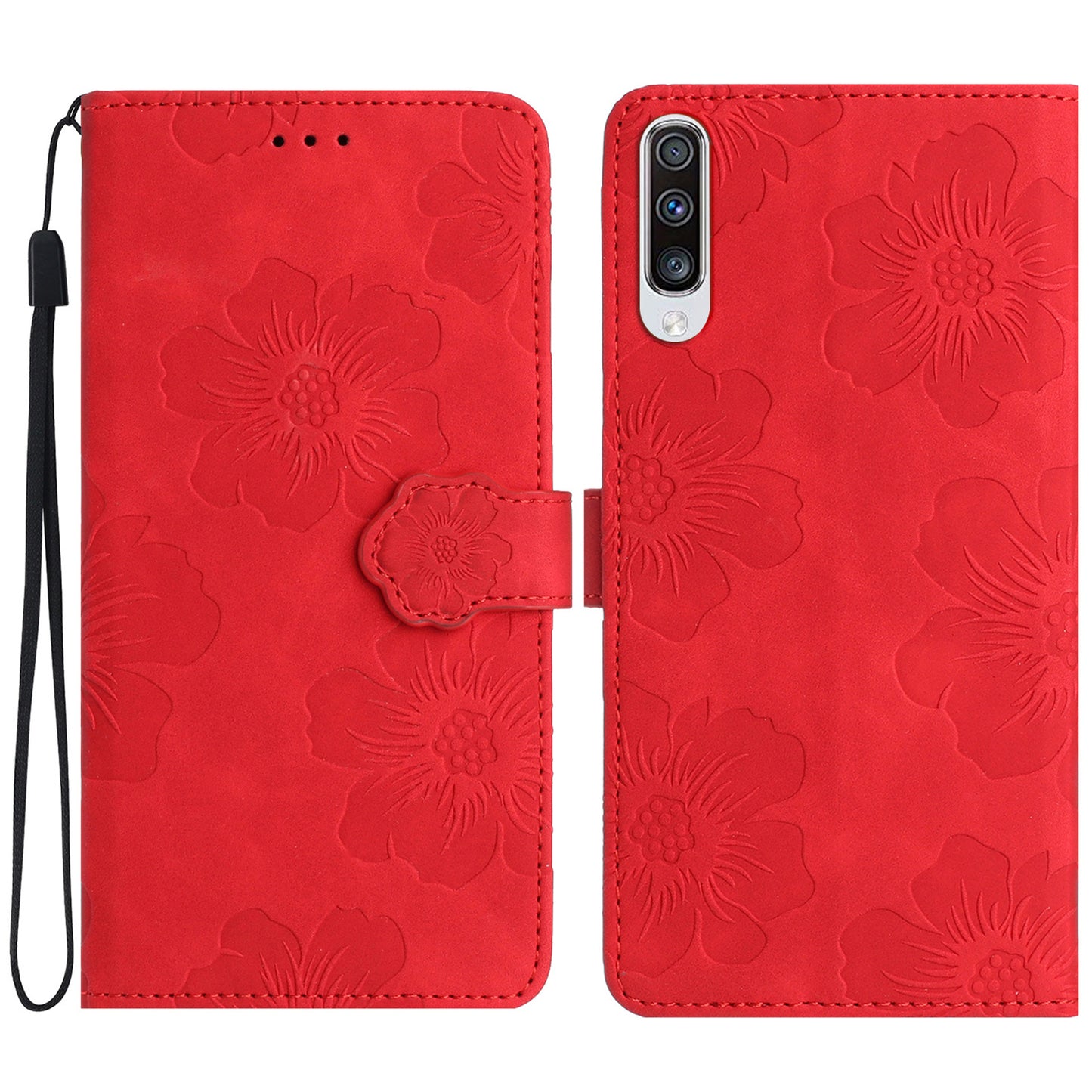For Samsung Galaxy A50 / A50s / A30s Flowers Imprinted Leather Phone Cover Wallet Stand Case with Strap