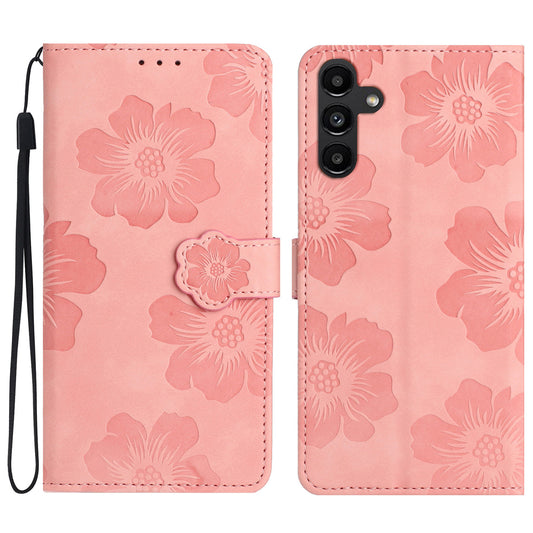 Flowers Imprinted Shell for Samsung Galaxy A13 5G Leather Phone Cover Wallet Stand Case with Strap