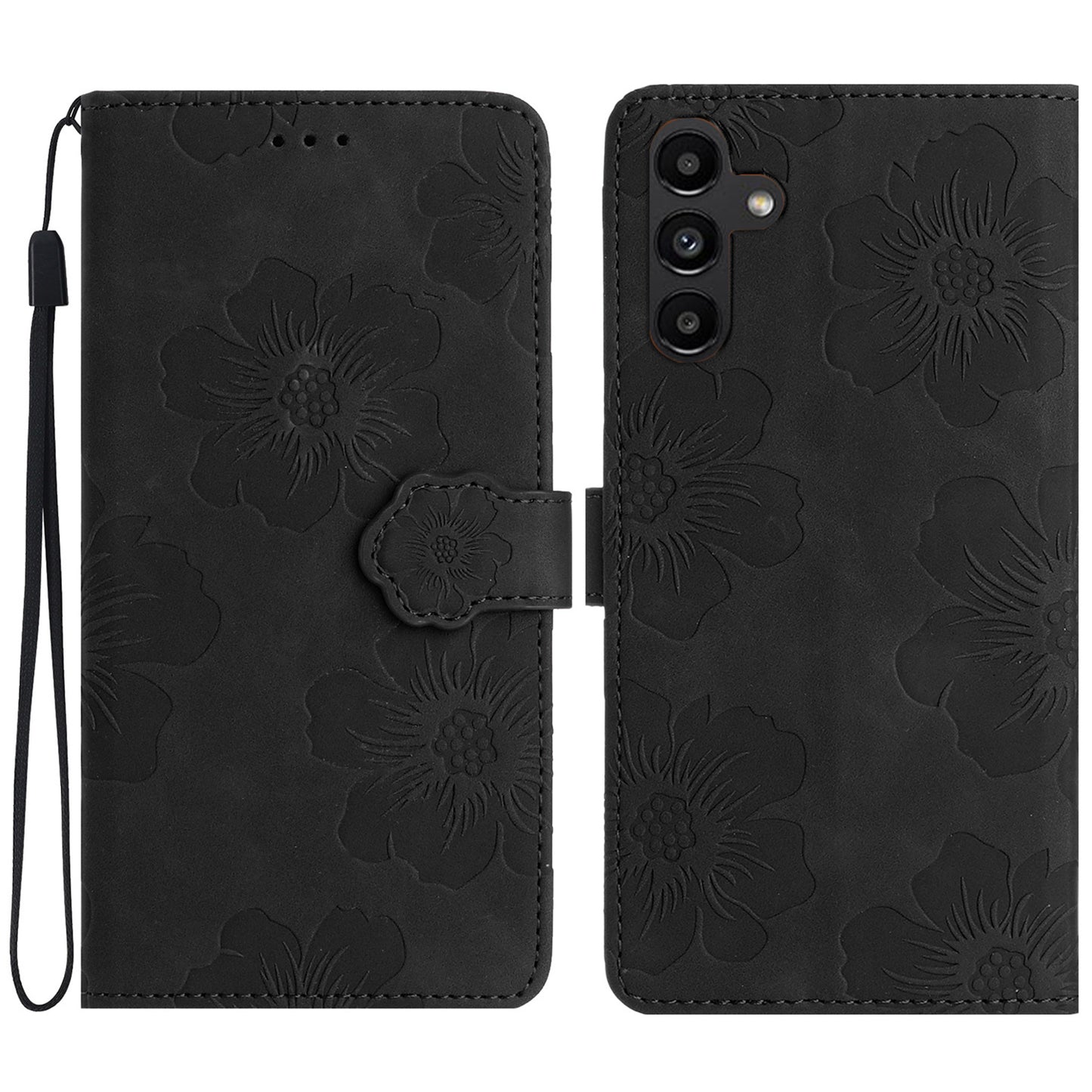 Flowers Imprinted Shell for Samsung Galaxy A13 5G Leather Phone Cover Wallet Stand Case with Strap