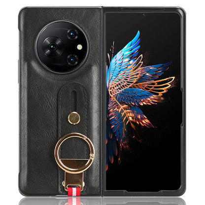 For Tecno Phantom V Fold Phone Shell Leather Coating PC+TPU Wristband Kickstand Cover with Neck Strap