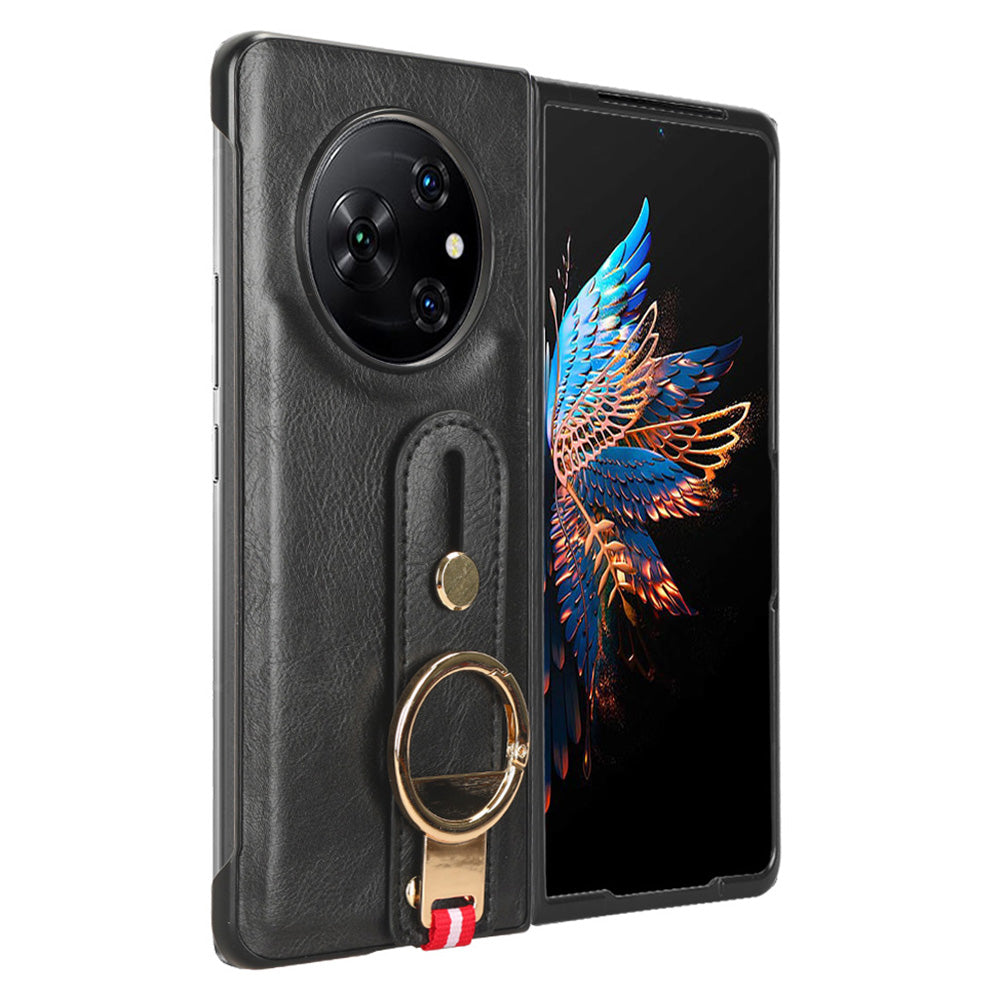For Tecno Phantom V Fold Phone Shell Leather Coating PC+TPU Wristband Kickstand Cover with Neck Strap