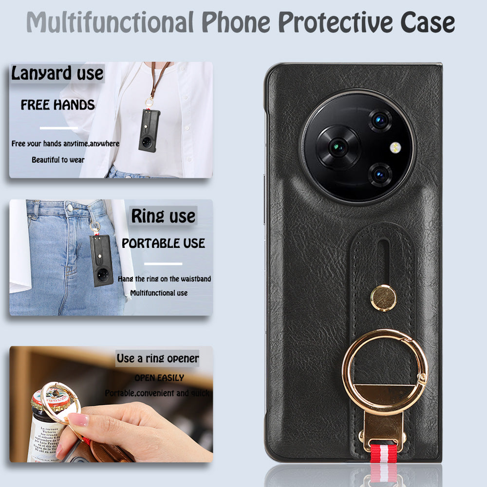 For Tecno Phantom V Fold Phone Shell Leather Coating PC+TPU Wristband Kickstand Cover with Neck Strap