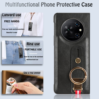For Tecno Phantom V Fold Phone Shell Leather Coating PC+TPU Wristband Kickstand Cover with Neck Strap