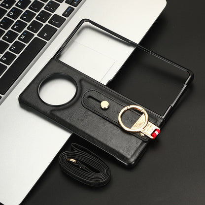 For Tecno Phantom V Fold Phone Shell Leather Coating PC+TPU Wristband Kickstand Cover with Neck Strap
