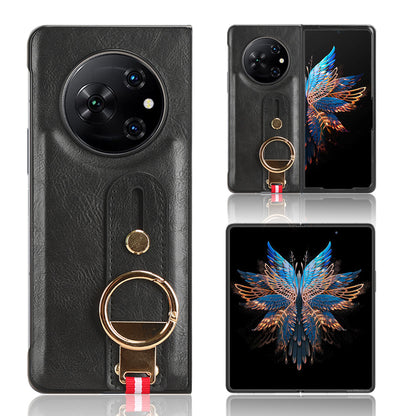 For Tecno Phantom V Fold Phone Shell Leather Coating PC+TPU Wristband Kickstand Cover with Neck Strap