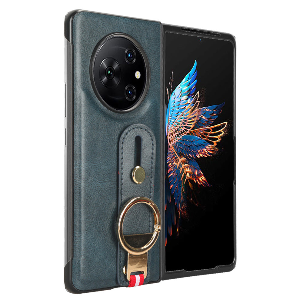 For Tecno Phantom V Fold Phone Shell Leather Coating PC+TPU Wristband Kickstand Cover with Neck Strap