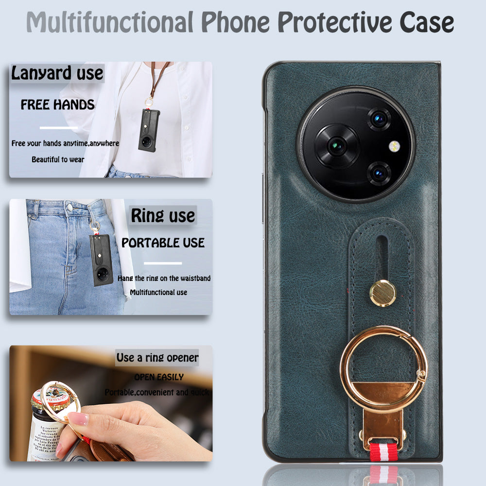 For Tecno Phantom V Fold Phone Shell Leather Coating PC+TPU Wristband Kickstand Cover with Neck Strap