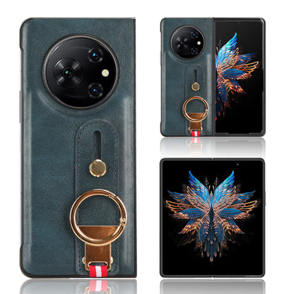 For Tecno Phantom V Fold Phone Shell Leather Coating PC+TPU Wristband Kickstand Cover with Neck Strap
