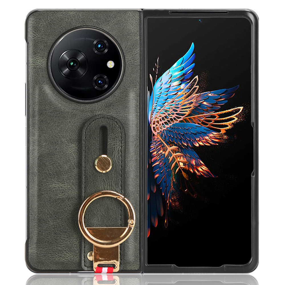 For Tecno Phantom V Fold Phone Shell Leather Coating PC+TPU Wristband Kickstand Cover with Neck Strap