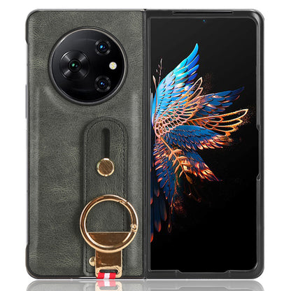 For Tecno Phantom V Fold Phone Shell Leather Coating PC+TPU Wristband Kickstand Cover with Neck Strap