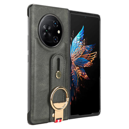 For Tecno Phantom V Fold Phone Shell Leather Coating PC+TPU Wristband Kickstand Cover with Neck Strap