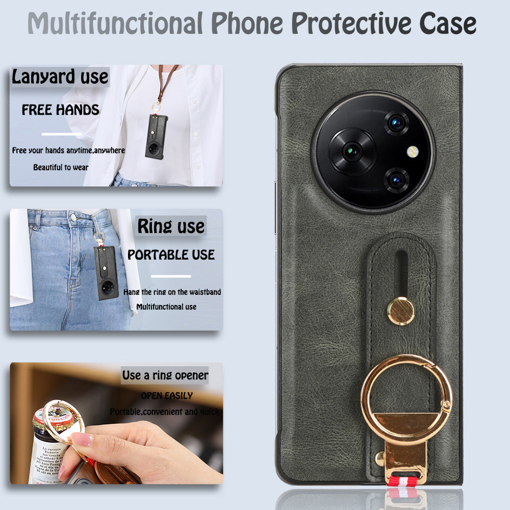 For Tecno Phantom V Fold Phone Shell Leather Coating PC+TPU Wristband Kickstand Cover with Neck Strap