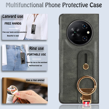 For Tecno Phantom V Fold Phone Shell Leather Coating PC+TPU Wristband Kickstand Cover with Neck Strap