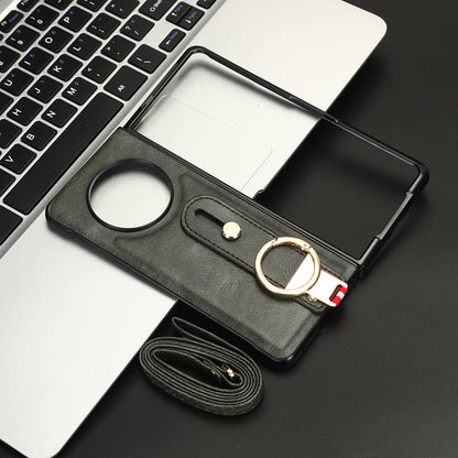 For Tecno Phantom V Fold Phone Shell Leather Coating PC+TPU Wristband Kickstand Cover with Neck Strap