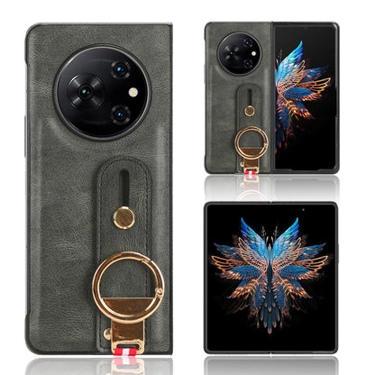 For Tecno Phantom V Fold Phone Shell Leather Coating PC+TPU Wristband Kickstand Cover with Neck Strap