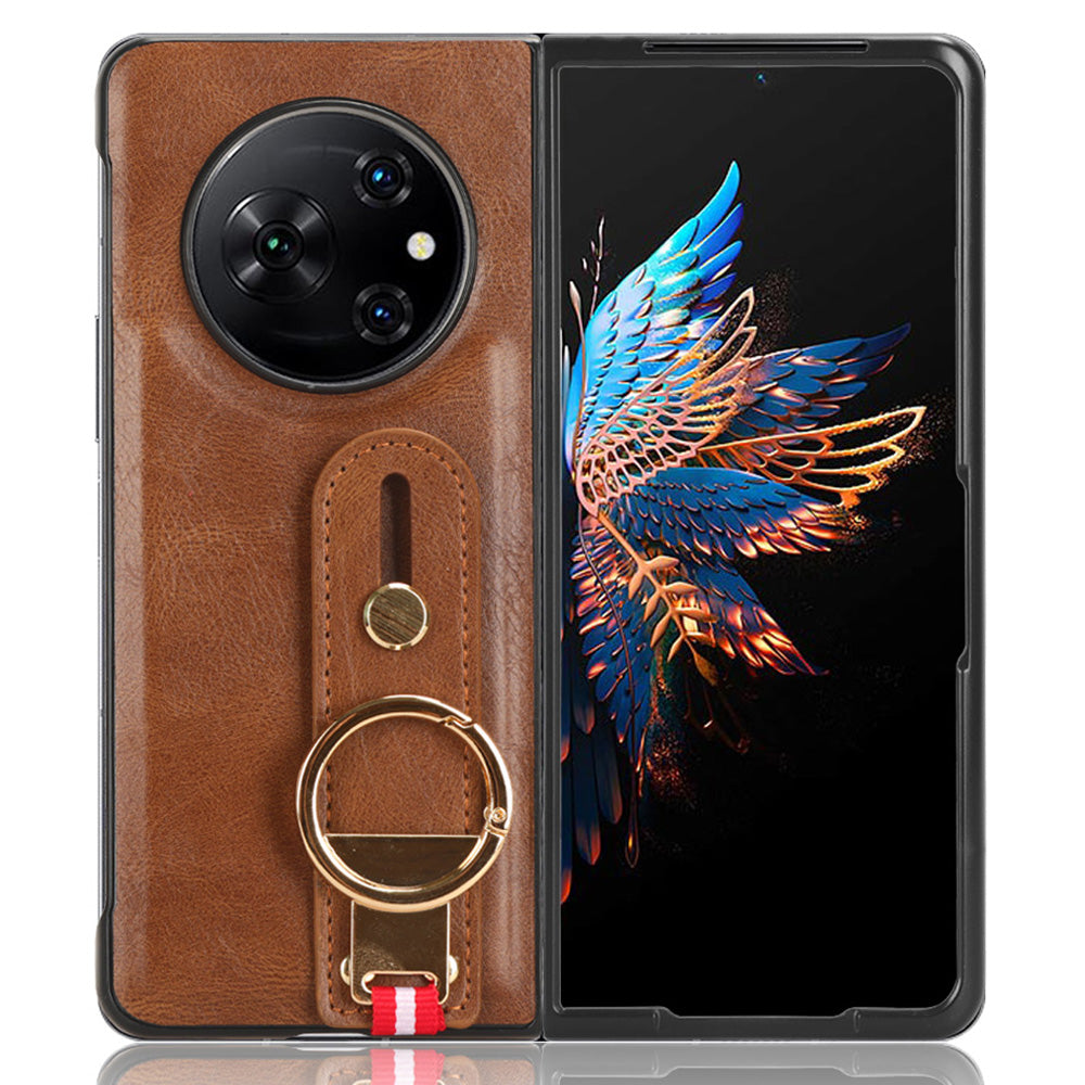 For Tecno Phantom V Fold Phone Shell Leather Coating PC+TPU Wristband Kickstand Cover with Neck Strap
