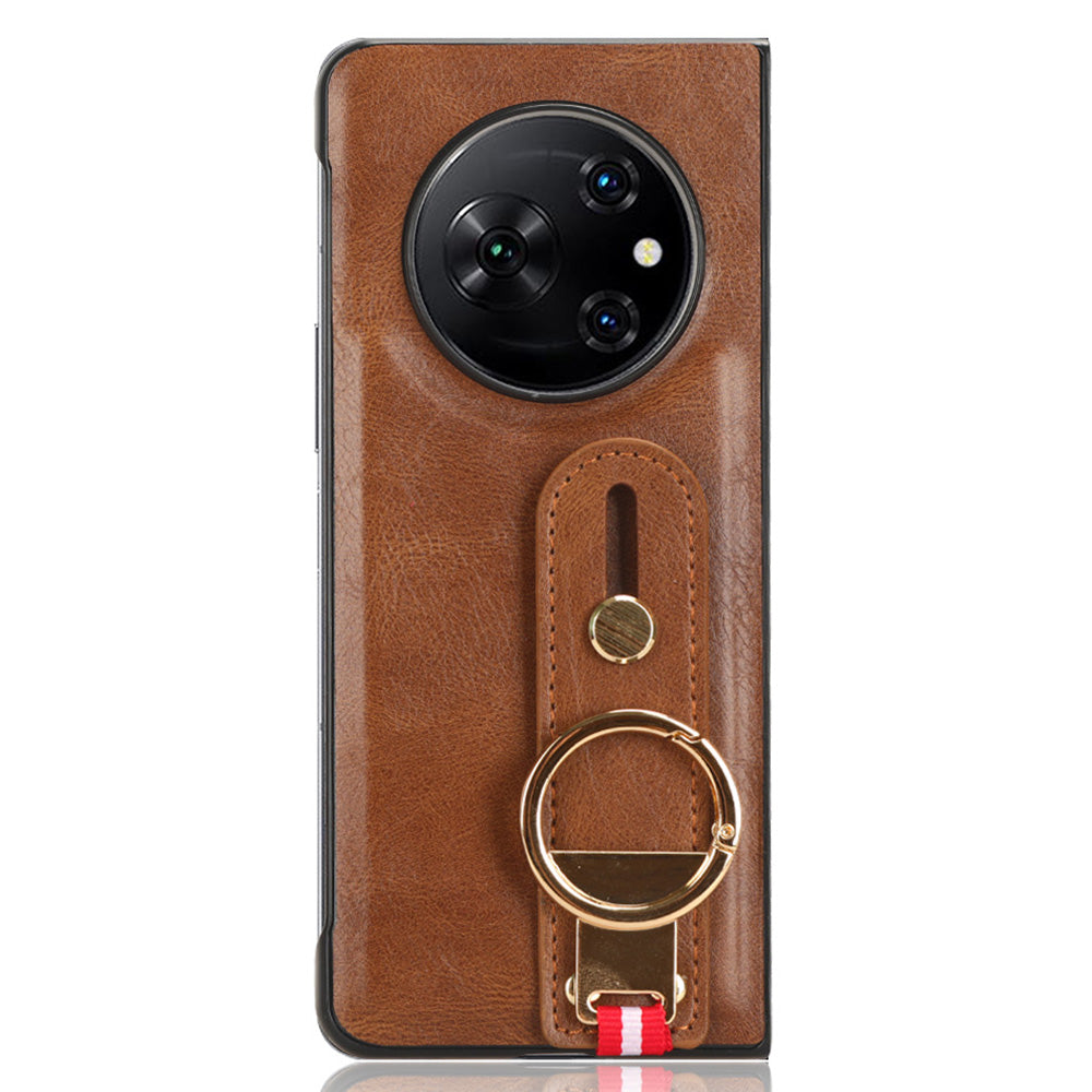 For Tecno Phantom V Fold Phone Shell Leather Coating PC+TPU Wristband Kickstand Cover with Neck Strap