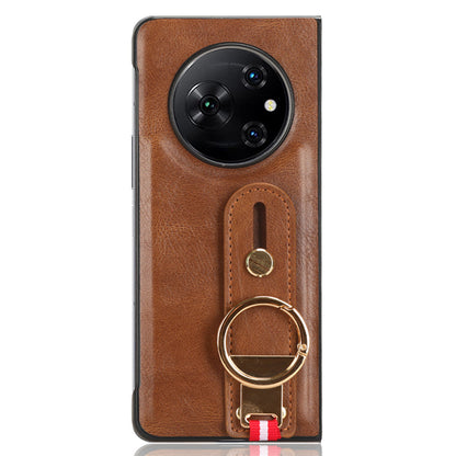 For Tecno Phantom V Fold Phone Shell Leather Coating PC+TPU Wristband Kickstand Cover with Neck Strap