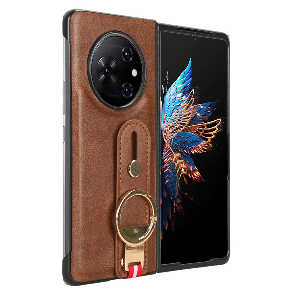 For Tecno Phantom V Fold Phone Shell Leather Coating PC+TPU Wristband Kickstand Cover with Neck Strap