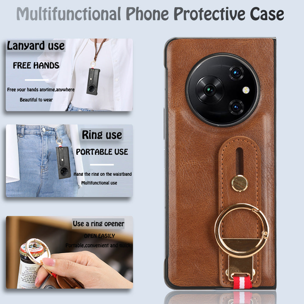 For Tecno Phantom V Fold Phone Shell Leather Coating PC+TPU Wristband Kickstand Cover with Neck Strap